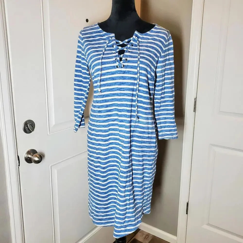 Motherhood Maternity Lace Up Striped Maternity Dress, Blue, Med MSRP $44.98